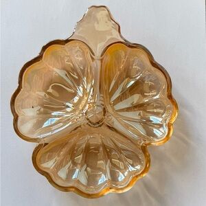 Vintage Jeanette Marigold Carnival Glass three leaf clover dish